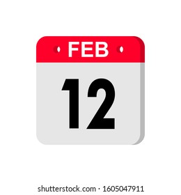 february 12 - Red calendar Icon. Calendar Icon with shadow. Flat style. Date, day and month. Reminder. Vector illustration. Organizer application, app symbol. Ui. User interface sign.