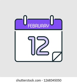 February 12.Calendar icon.Vector illustration,flat style.Date,day of month:Sunday,Monday,Tuesday,Wednesday,Thursday,Friday,Saturday.Weekend,red letter day.Calendar for 2019 year.Holidays in January