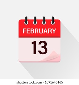 13 de febrero, icono del calendario con sombra. Día, mes. Ilustración vectorial plana.