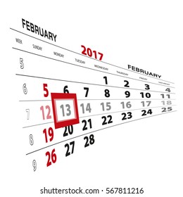 February 13, highlighted on 2017 calendar. Vector Illustration.