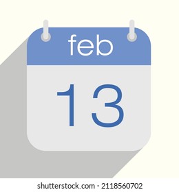 ilustración vectorial del calendario 13 de febrero. 13 de febrero. Los colores azul y gris. Sombra. Diseño plano.