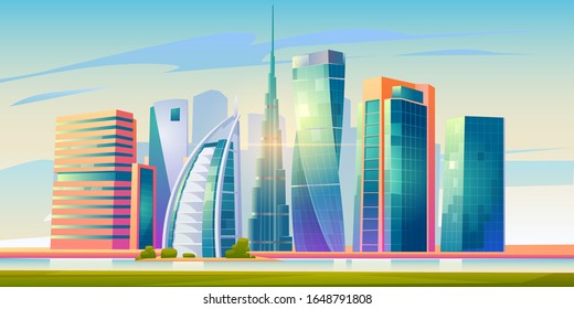 FEBRUARY 14, 2020. Cartoon vector illustration Burj Khalifa, Burj al Arab, Cayan Tower buildings, Dubai landscape, UAE world famous architecture landmarks, United Arab Emirates