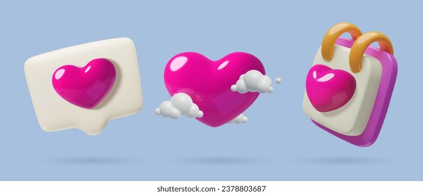 February 14 3D icons set. Valentine's Day calendar, social media speech bubble and purple heart with clouds. Romantic realistic three dimensional vector objects.