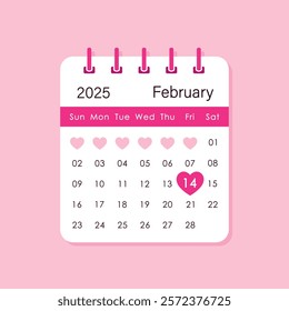 February 14 calendar date highlighted with pink heart on calendar sheet, Valentines day 2025, vector illustration