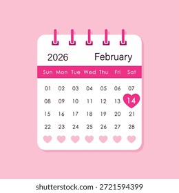 Fecha del 14 de febrero resaltada con corazón rosa en la hoja del calendario, día de San Valentín 2026, Ilustración vectorial