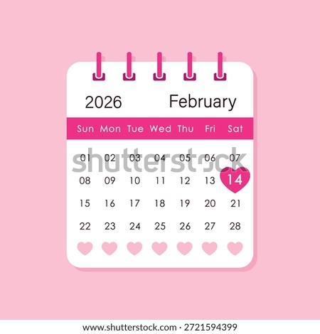 February 14 calendar date highlighted with pink heart on calendar sheet, Valentines day 2026, vector illustration