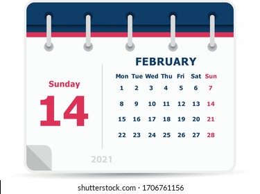 February 14 - Calendar Icon - 2021 - Week starts monday. Calendar design template. 