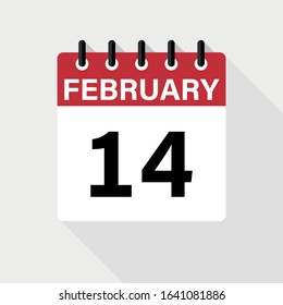 February 14 - Calendar Icon. Calendar Icon with shadow. Flat style. Date, day and month.