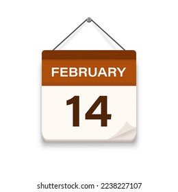 February 14, Calendar icon with shadow. Day, month. Meeting appointment time. Event schedule date. Flat vector illustration. 