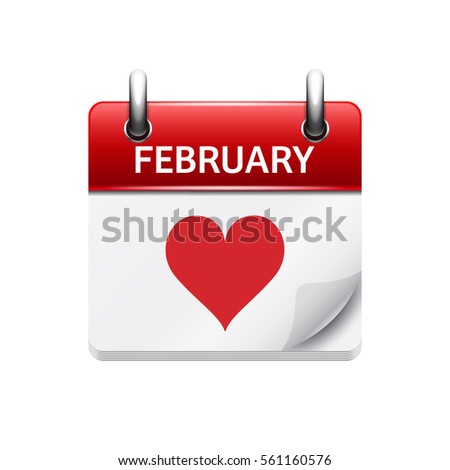 February 14. Calendar icon.Valentines day.Love.Vector illustration,flat style.Month and date.Sunday,Monday,Tuesday,Wednesday,Thursday,Friday,Saturday.Week,weekend,red letter day. 2017.Holidays. 