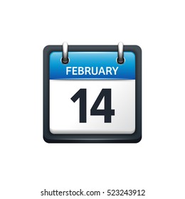 February 14. Calendar icon.Vector illustration,flat style.Month and date.Sunday,Monday,Tuesday,Wednesday,Thursday,Friday,Saturday.Week,weekend,red letter day. 2017,2018 year.Holidays.