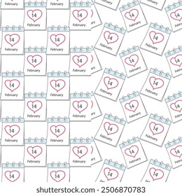 February 14 calendar pages with date and hand drawn heart shape stroke Seamless pattern Set of 2