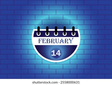 February 14 calendar sign on blue neon brick wall background. Flat design style. Date, day and month. Vector illustration.