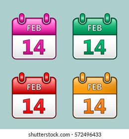 February 14, calendar sticker icon set. Vector isolated objects.