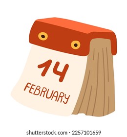 February 14 calendar. Tear-off calendar. Valentine's Day. Flat vector illustration. Isolated on white