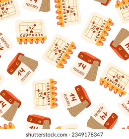 Calendario del 14 de febrero. Patrón sin fisuras del vector del calendario de desprendimiento. Fondo de textura romántica de San Valentín