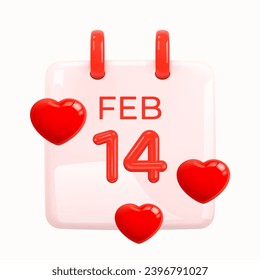 February 14 Calendar. Valentines Day. Daily calendar with the date February 14th with red numbers and hearts. 3d Cartoon style. Calendar Icon on white background. 3d Vector illustration