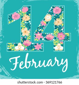 February 14. Card on blue background. Vector isolated illustration.