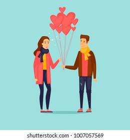 February 14, couple in love. Flat vector illustration in cartoon style.