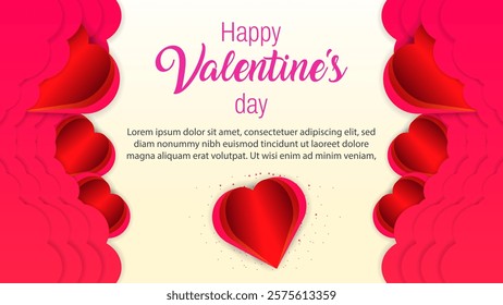 February 14 happy Valentine’s Day poster or voucher design. Pink and red gradient heart shapes. Happy valentine’s day calligraphy text on
 pink background Vector illustration. social media post design