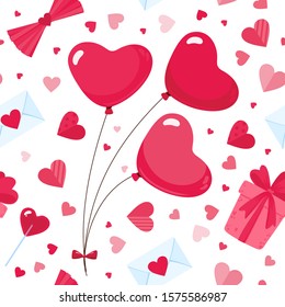 February 14 holiday romantic flat vector seamless pattern. Heart shaped balloons and lollipops, love letters decorative backdrop. Valentines Day background. Wrapping paper, textile design