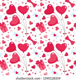 February 14 holiday romantic flat vector seamless pattern. Heart shaped balloons and lollipops, love letters decorative backdrop. Valentines Day background. Wrapping paper, textile design
