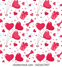February 14 holiday romantic flat vector seamless pattern. Heart shaped balloons and lollipops, love letters decorative backdrop. Valentines Day background. Wrapping paper, textile design