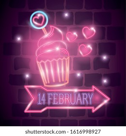 february 14 label in neon light, valentines day vector illustration design