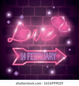 february 14 label in neon light, valentines day vector illustration design