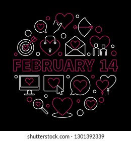 February 14 linear vector round illustration. Valentine's Day concept symbol on dark background