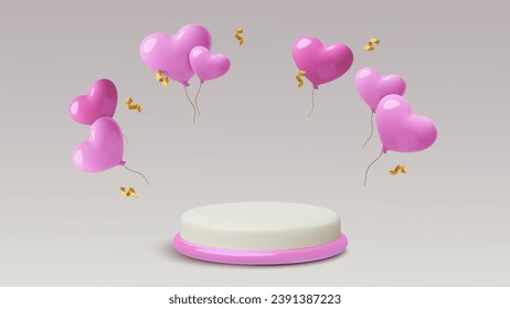 February 14 podium with 3d heart shape balloons and gold curly ribbons Valentine's Day three dimensional product sale holiday background. Romantic pastel pink vector illustration.