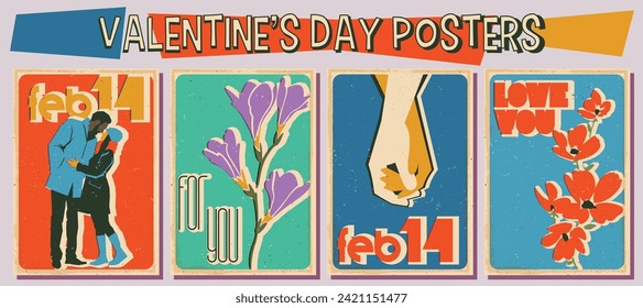 February 14 Posters, Valentine's Day Retro Postcards, Lovers, Flowers, Cross Hands