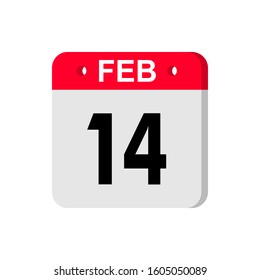 february 14 - Red calendar Icon. Calendar Icon with shadow. Flat style. Date, day and month. Reminder. Vector illustration. Organizer application, app symbol. Ui. User interface sign.