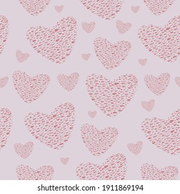 February 14 seamless pattern. Pink hearts in beautiful drawing style on purple background. Vector abstract illustration. Vector set. Cute illustration. Romantic background. Isolated vector hearts.