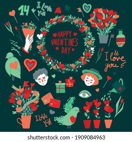 February 14. Set of stickers. Valentine's Day. Funny pictures. A romantic gift. Declaration of love. Flowers, hearts. Happy holiday. The girl in the hat. Secret letters. Wreath. Vector illustration.