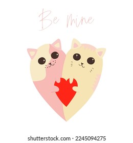February 14 valentine card, be my romantic clip art with heart shaped cats, cute kawaii sticker with kittens and heart isolated on white background