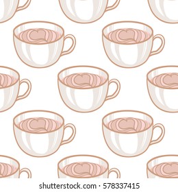 February 14, Valentines Day Breakfast seamless pattern. Latte Art Heart, cup of hot coffee