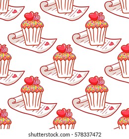 February 14, Valentines Day Breakfast seamless pattern. Chocolate cupcake with confetti and heart on top