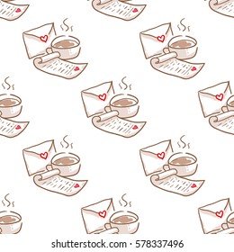 February 14, Valentines Day Breakfast seamless pattern. Cup of coffee and love letter