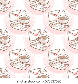 February 14, Valentines Day Breakfast seamless pattern. Cup of coffee and love letter