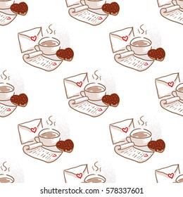 February 14, Valentines Day Breakfast seamless pattern. Cup of coffee and love letter