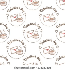 February 14, Valentines Day Breakfast seamless pattern. Cup of coffee and love letter