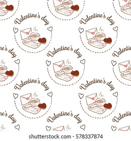February 14, Valentines Day Breakfast seamless pattern. Cup of coffee and love letter