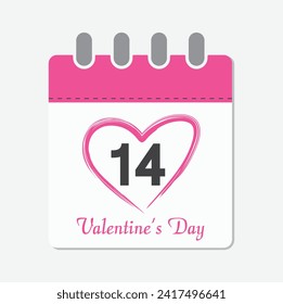 February 14 Valentine's Day calendar icon with red heart marked with pink marker. Calendar icon 14 February Valentine's Day vector image - Vector Icon