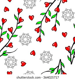 February 14, Valentine's Day. Hearts on the branches. Vector pattern