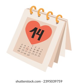 February 14 Valentine's Day Paper Calendar with heart shape. Calendar page date February 14  vector illustration isolated on a white background.