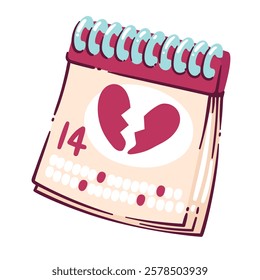 February 14 Valentine's Day Paper Calendar with broken heart, vector illustration. Anti Valentine's Day conception.