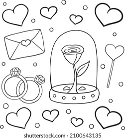 14 de febrero, Día de San Valentín, Día de San Valentín, patrón, amor, corazón, anillos, boda. anillos de boda, carta, carta de amor, corazón, postal, tarjeta de amor, rosa, rosa en un matraz, flores, corazones,