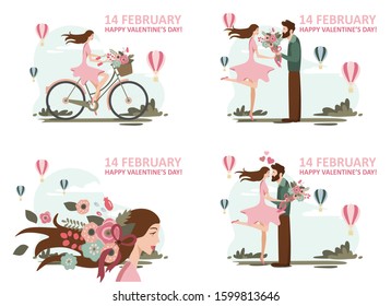 February 14, Valentine's Day, a set of four greeting cards with girlfriend and boyfriend