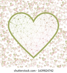 February 14 Valentine's Day Sign. Geometric heart mesh in green and pink color shades, green and pink connections. Amazing network style vector illustration.